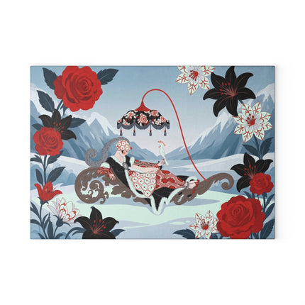 🌹❄️ The Lady Of The Winter Rose Sleigh Glass Cutting Board – Art Deco Alpine Elegance