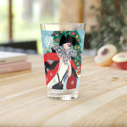 ❤️ The Lady Of The Crimson Scarf Pint Glass – Art Deco Christmas Elegance