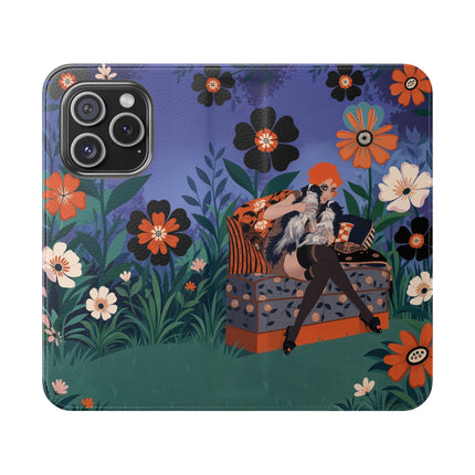 🌺🐈 The Lady Of The Midnight Garden Cat Flip Case – Art Deco Floral Fantasy