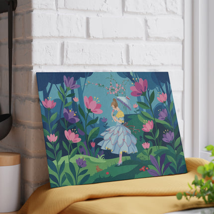 🌸🐇 The Lady Of The Secret Flower Wood Glass Cutting Board – Art Deco Enchanted Garden Fantasy