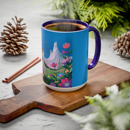 The Lady And The Moonlit Peak Colorful Mugs – Art Deco Alpine Garden Elegance