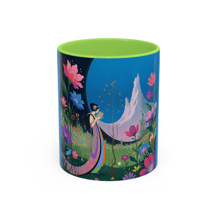 The Lady And The Moonlit Peak Colorful Mugs – Art Deco Alpine Garden Elegance