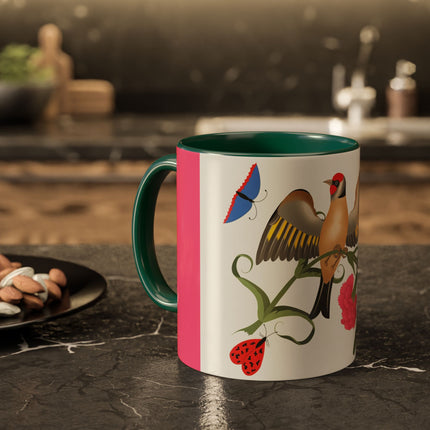 Goldfinch & Pink Flowers Colorful Mugs – Vibrant Spring & Bold Beauty
