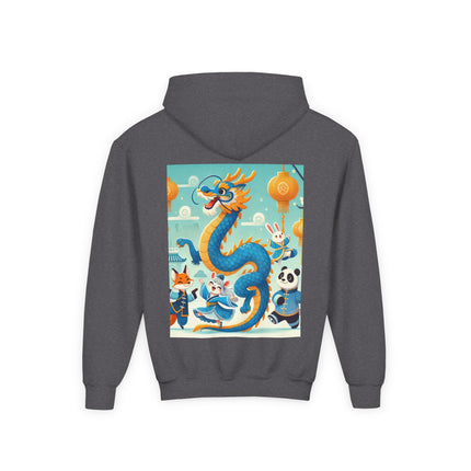 Blue & Gold Dragon Festival Parade Youth Hooded Sweatshirt – Joyful Celebration & Cultural Magic