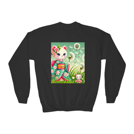 Geisha Kitten and the Dandelion Wish Youth Crewneck Sweatshirt – Gentle Magic, Dreams & Quiet Beauty