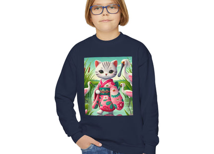 Geisha Kitten Strolls Among the Spoonbills Youth Crewneck Sweatshirt