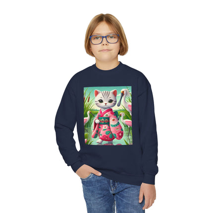Geisha Kitten Strolls Among the Spoonbills Youth Crewneck Sweatshirt – Grace, Nature & Whimsical Elegance