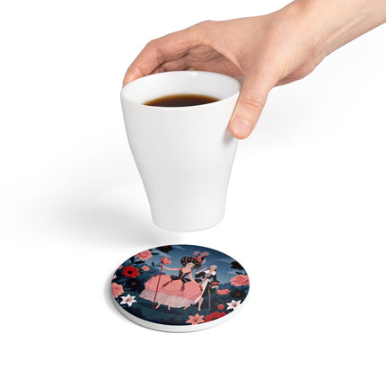 🌹🎭 The Rose Masquerade Promenade Ceramic Coaster – Art Deco Floral Elegance