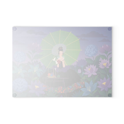 🧶🌸 The Lady Of The Lotus Threads Glass Cutting Board – Art Deco Floral Sewing Elegance