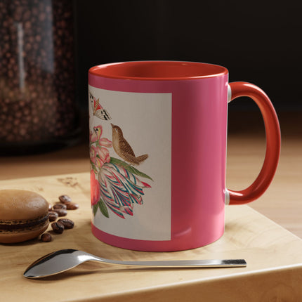 Pair of brown birds on bouquet with tulip, rose, and snapdragons, with butterflies by AnonymousAccent Coffee Mug, 11oz