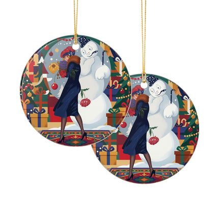 ☃️🎄 The Snowman's Christmas Companion Ceramic Ornament – Art Deco Holiday Fantasy