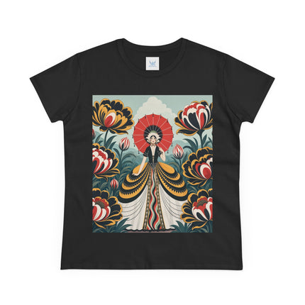 ❤️🌺 The Scarlet Parasol Garden Cotton Tee – Art Deco Floral Elegance