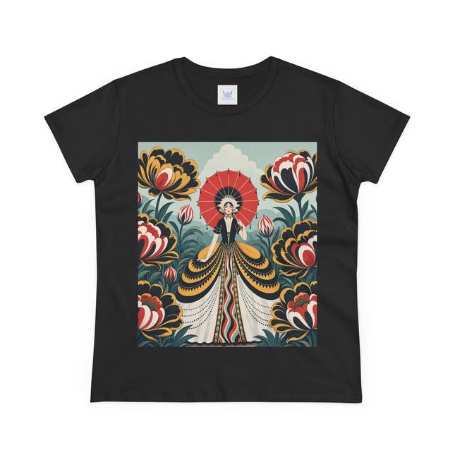 ❤️🌺 The Scarlet Parasol Garden Cotton Tee – Art Deco Floral Elegance