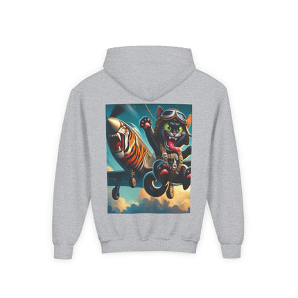 Parachuting Cat Commando Youth Hooded Sweatshirt – Action, Adventure & Wild Imagination