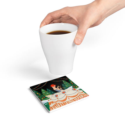 🎄✨ The Christmas Candlelight Belle Ceramic Coaster – Art Deco Holiday Fantasy