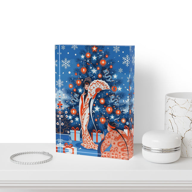 🎋❄️ The Winter Lantern Celebration Acrylic Art Block – Elegant Asian Christmas Fantasy