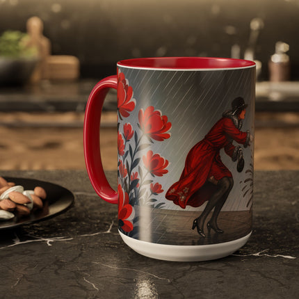 ☔🌹 The Scarlet Rainstorm Promenade Colorful Mug – Art Deco Motoring Elegance