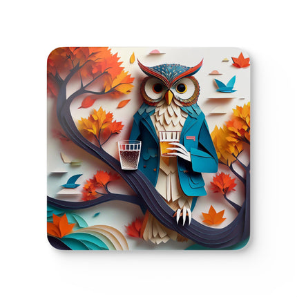 Owl at an Autumn Park Gathering Corkwood Coaster Set