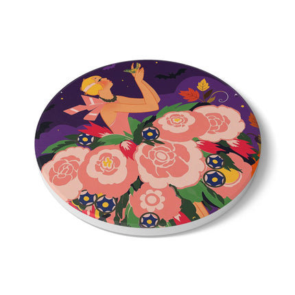 🌹🎃 The Lady Of The Haunted Rose Garden Ceramic Coaster – Romantic Halloween Charm