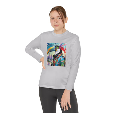 Cyber Toucan Chic Youth Long Sleeve Competitor Tee – Neon Feathers & Futuristic Style