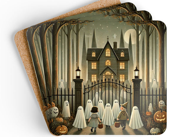 Ghostly Welcome – A Halloween Night Corkwood Coaster Set