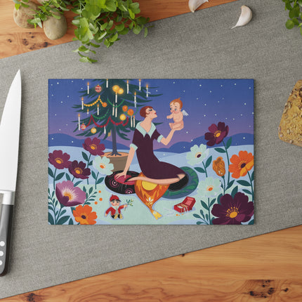 👼🎄 Christmas Angel's First Noel Glass Cutting Board – Whimsical Holiday Fantasy