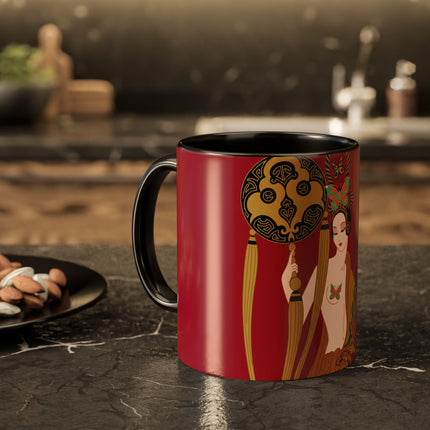 Butterfly Empress of the Crimson Pavilion Colorful Mug (11oz, 15oz) – Art Deco Beauty, Butterfly Elegance & Ornamental Style