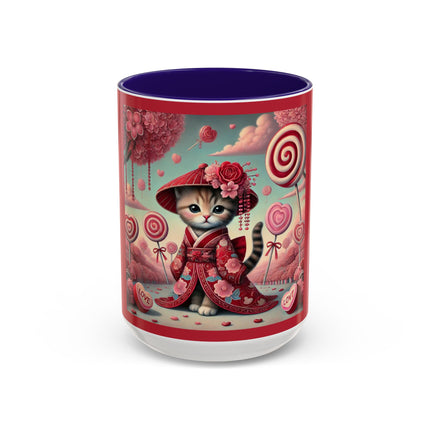 Whimsical Geisha Kitten in a Valentine Garden Colorful Mugs (11oz, 15oz)
