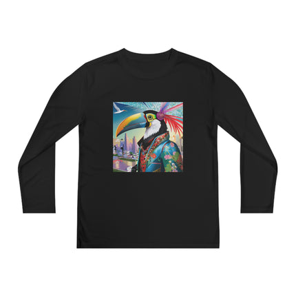 Cyber Toucan Chic Youth Long Sleeve Competitor Tee – Neon Feathers & Futuristic Style