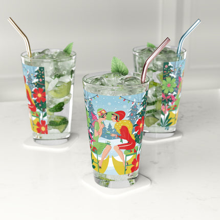 ☕🎄 Christmas Tea In The Snow Garden Pint Glass – Art Deco Holiday Friendship