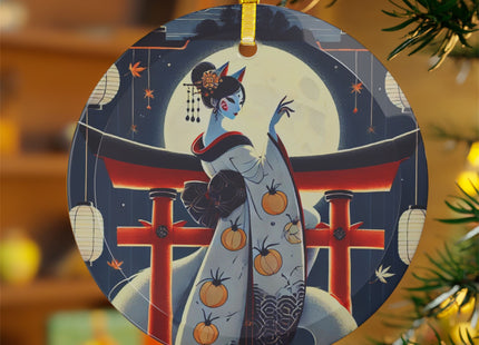 Kitsune Woman on Torii Gate Glass Ornament