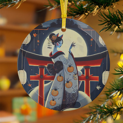 Kitsune Woman on Torii Gate Glass Ornament