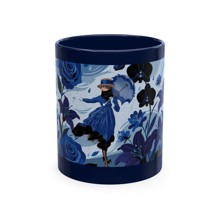 ☔💙 The Lady In The Blue Rain Garden Ceramic Mug – Art Deco Floral Elegance