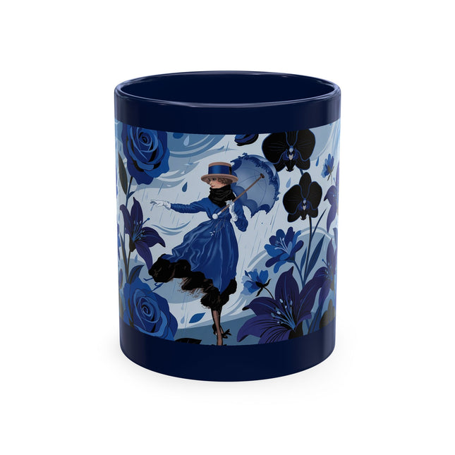 ☔💙 The Lady In The Blue Rain Garden Ceramic Mug – Art Deco Floral Elegance