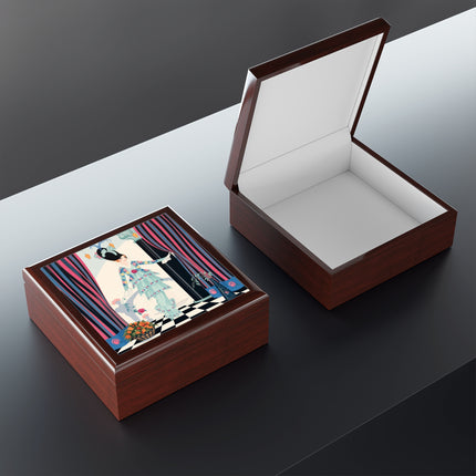 🌹🎭 The Lady Between The Curtains Jewelry Box – Art Deco Floral Theatre
