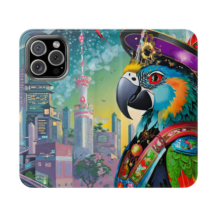 🦜⚡ Tech Plumes Flip Case – Neon Feathers & Futuristic Brilliance