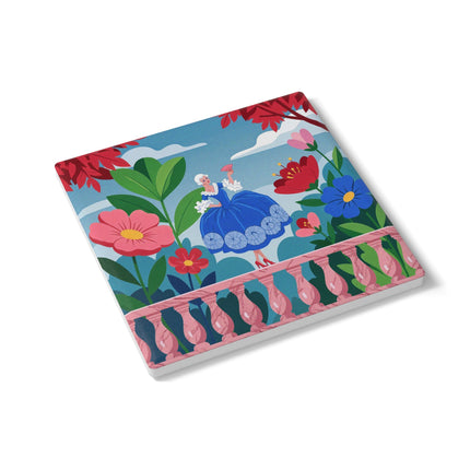 🌺🪭 The Lady Of The Grand Flower Terrace Ceramic Coaster – Art Deco Garden Elegance