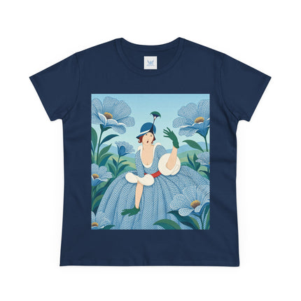 💙🌼 The Blue Blossom Garden Belle Cotton Tee – Art Deco Floral Whimsy