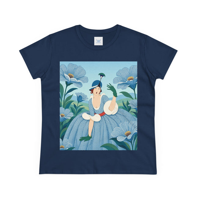 💙🌼 The Blue Blossom Garden Belle Cotton Tee – Art Deco Floral Whimsy