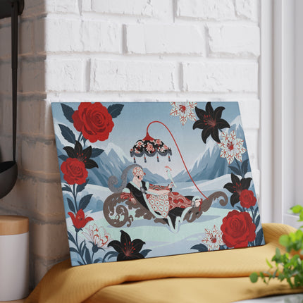 🌹❄️ The Lady Of The Winter Rose Sleigh Glass Cutting Board – Art Deco Alpine Elegance