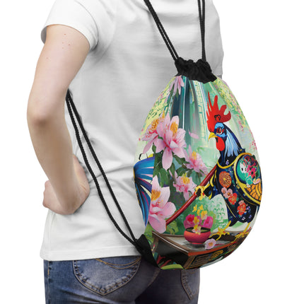 Cyberpunk Rooster Drawstring Bag