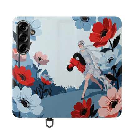 🌺🐕 The Lady Of The Flower Walk Flip Case – Art Deco Garden Stroll