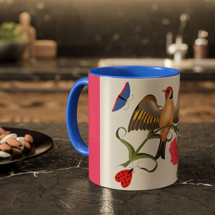 Goldfinch & Pink Flowers Colorful Mugs – Vibrant Spring & Bold Beauty