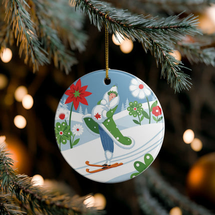 🎿❄️ The Winter Garden Skier Ceramic Ornament – Whimsical Holiday Fantasy