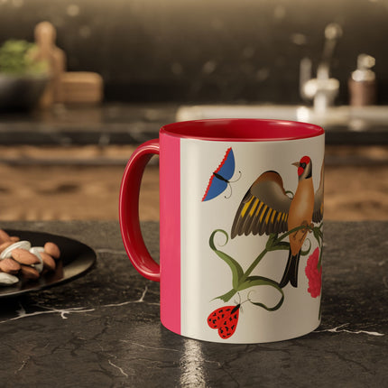 Goldfinch & Pink Flowers Colorful Mugs – Vibrant Spring & Bold Beauty