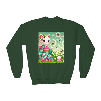 Geisha Kitten and the Dandelion Wish Youth Crewneck Sweatshirt – Gentle Magic, Dreams & Quiet Beauty