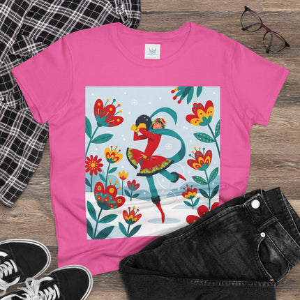 ⛸️🌺 The Winter Flower Skater Cotton Tee – Whimsical Winter Fashion