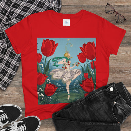 🌷🩰 The Scarlet Tulip Ballet Cotton Tee – Art Deco Floral Whimsy