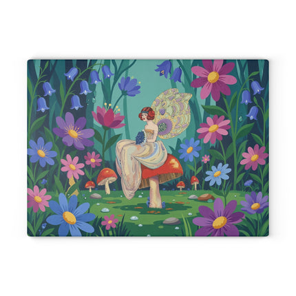 🧚🍄 The Lady Of The Enchanted Mushroom Garden Glass Cutting Board – Art Deco Fairy Garden Fantasy