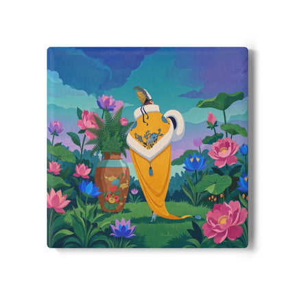 🪷✨ The Lady Of The Golden Lotus Garden Ceramic Coaster – Art Deco Floral Elegance